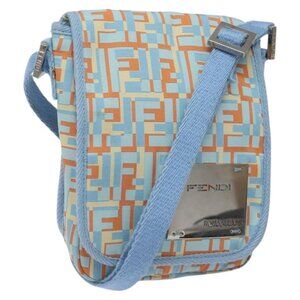 Authentic FENDI Shoulder Bag Canvas Light Blue Silver